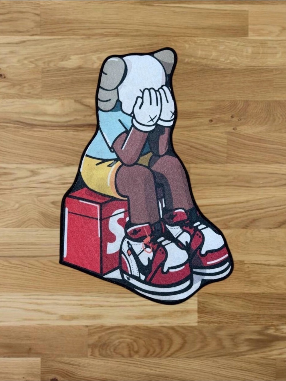 KAWS - Contemporary Sitting Character Art Rug - Red, White, Blue